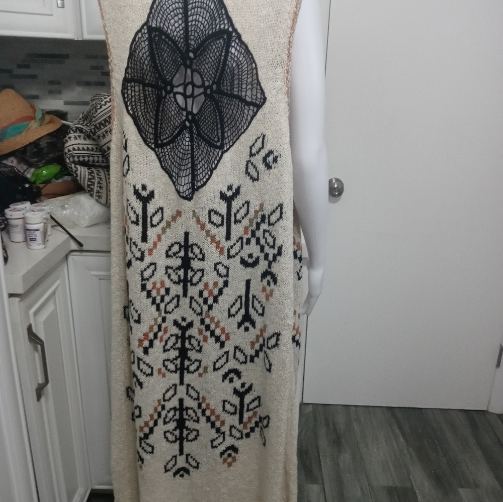 Democracy longline open front southwestern Embroidered Cardigan sweater w fringe - Picture 7 of 9